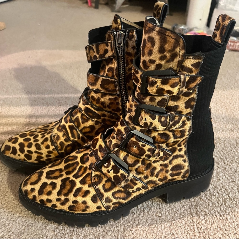 Leopard Print Buckle Combat Boots